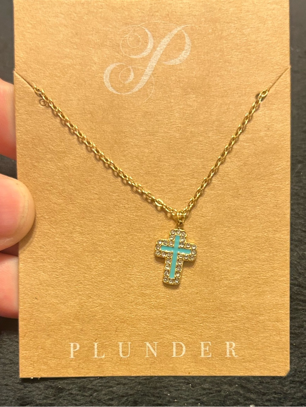 Plunder Gold Tone Turquoise Cross Necklace Rhinestone Accent Christian Jewelry
